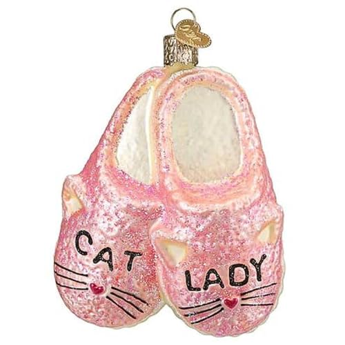 Old World Christmas Cat Lady Slippers Glass Blown Ornament for Christmas Tree, Handcrafted Holiday Decoration, Cat Collection