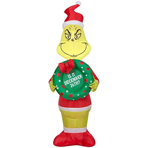 Gemmy Christmas Airblown Inflatable Inflatable Grinch with Wreath, 4 ft Tall, Yellow