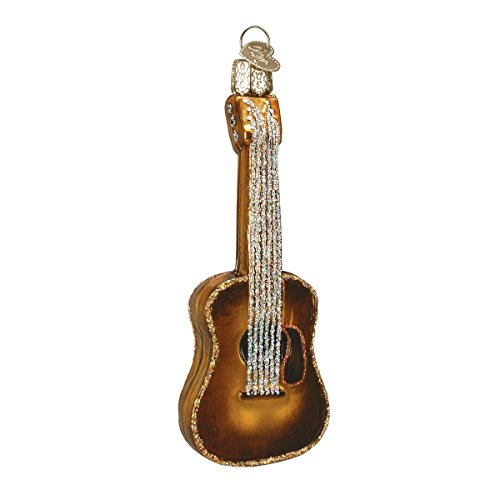 Old World Christmas Glitter Brown Guitar Glass Blown Ornament for Christmas Tree, Handcrafted Holiday Decoration, Music Collection