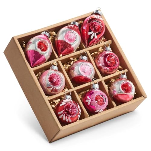 RAZ Imports Box of Vintage Reflector Ornaments, 2.75-inch Length, Pink, Glass, Set of 9, Christmas, Home Decor