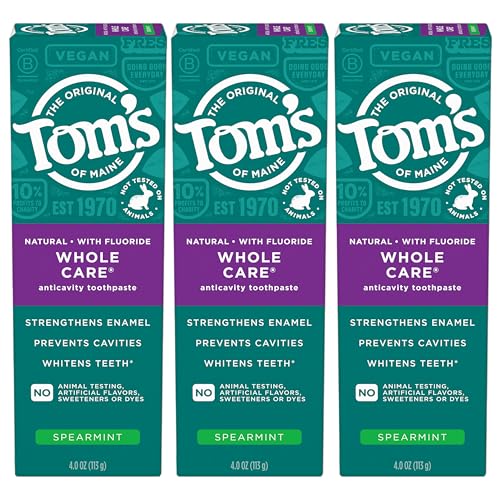 Tom's of Maine Whole Care Natural Toothpaste with Fluoride, Spearmint, 4 Ounce (Pack of 3), (Packaging May Vary)