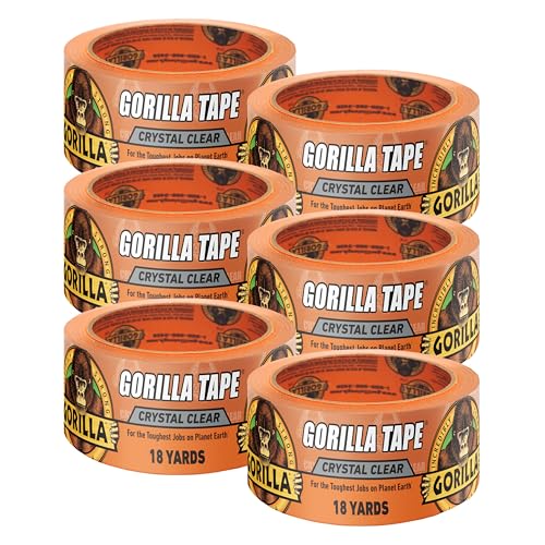 Gorilla Crystal Clear Tape, 1.88” x 18 yd (Pack of 6) - Weather Resistant for Indoor or Outdoor Projects and Repairs