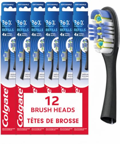 Colgate 360 Floss-Tip Replaceable Head Toothbrush Refill Heads, 2 Count, 6 Pack