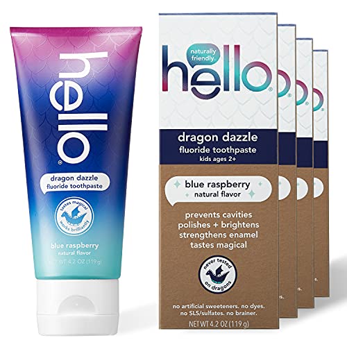 Hello Kids Dragon Dazzle Blue Raspberry Fluoride Toothpaste, Vegan & SLS Free, 4.2 Oz, 4 Count