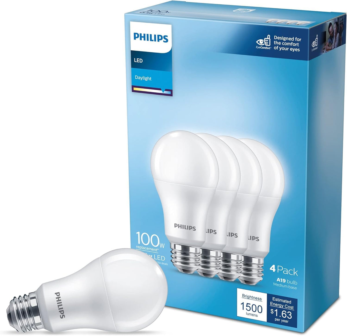 Philips LED Basic Frosted Non-Dimmable A19 Light Bulb - EyeComfort - 1500 Lumen - Daylight (5000K) - 13.5W=100W