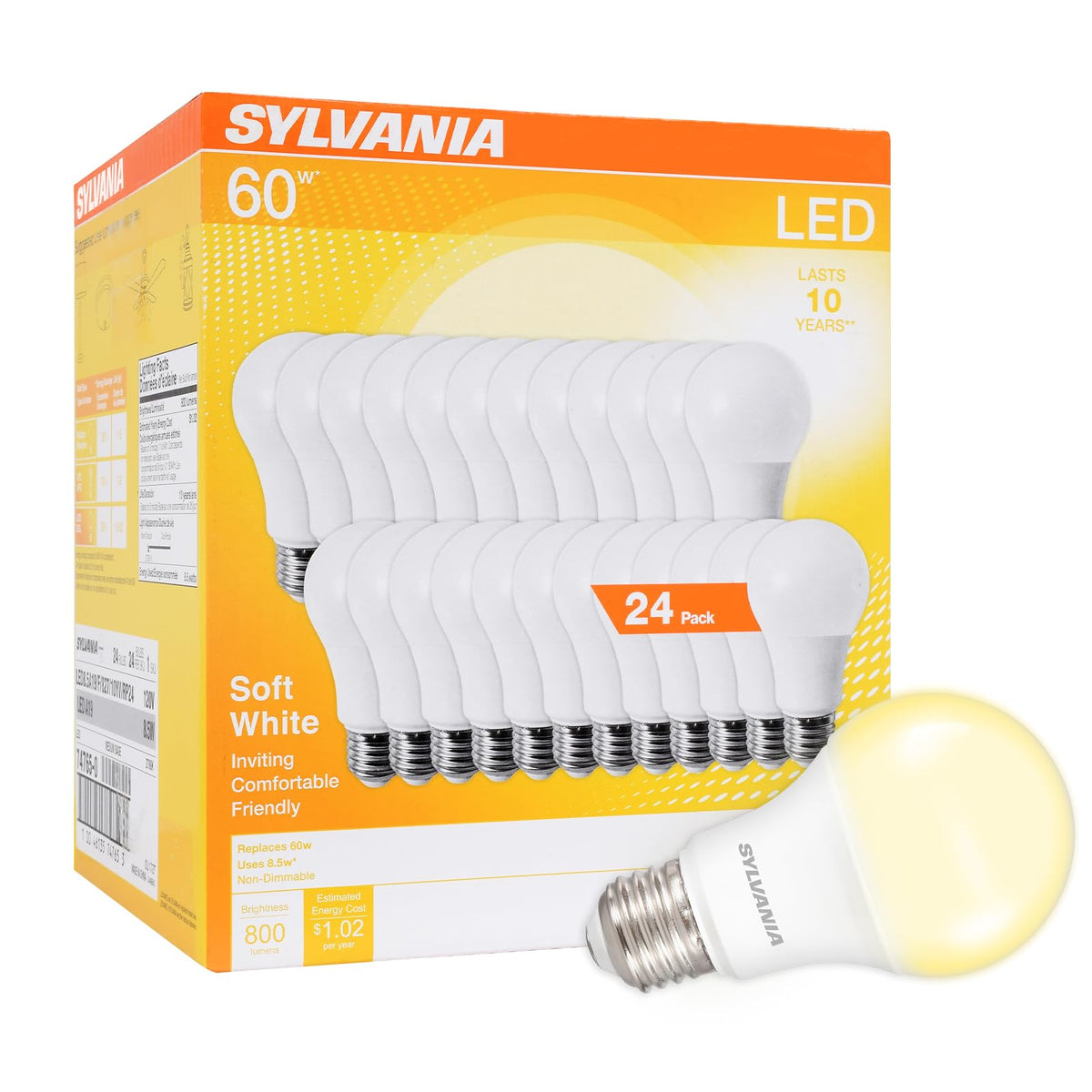 Sylvania LED A19 Light Bulb, 60W Equivalent, Efficient 8.5W, 2700K, 800 Lumens, Frosted, Soft White (74765), 24 Count