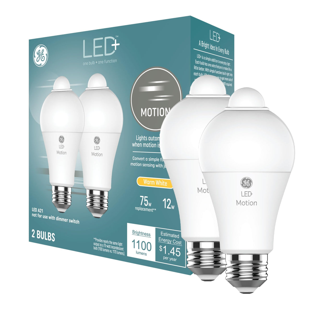 GE LED+ Motion Sensor LED Light Bulbs, Outdoor Security, A21, Warm White
