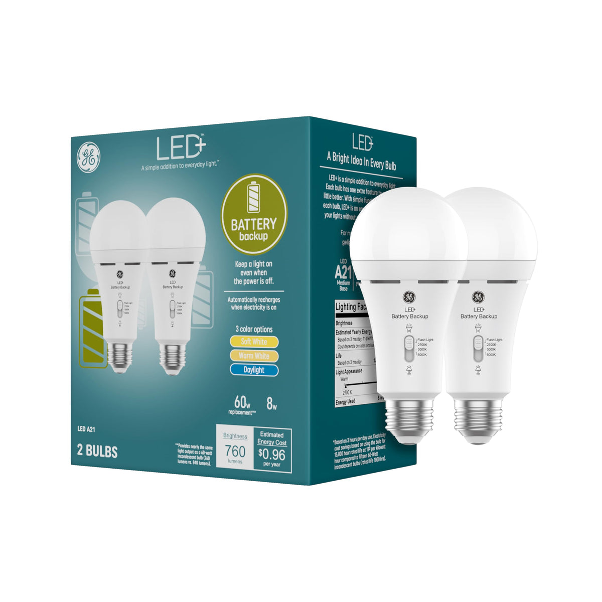 GE LED+ Backup Battery LED Light Bulbs, A21 Rechargeable Bulbs for Power Outages and Emergencies