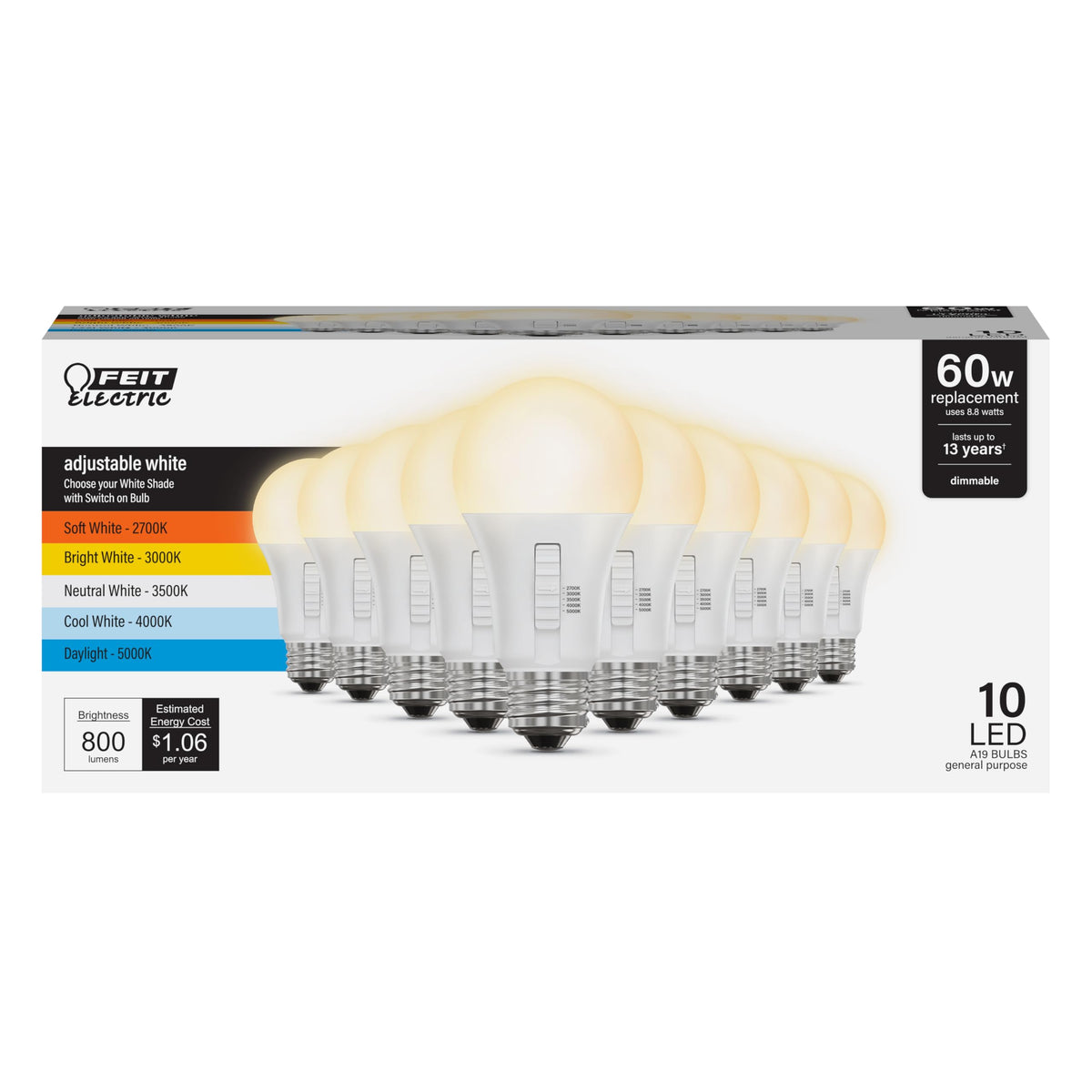 Feit Electric A19 LED Light Bulb, 60W EQ, 5CCT, Dimmable, 10-Pack