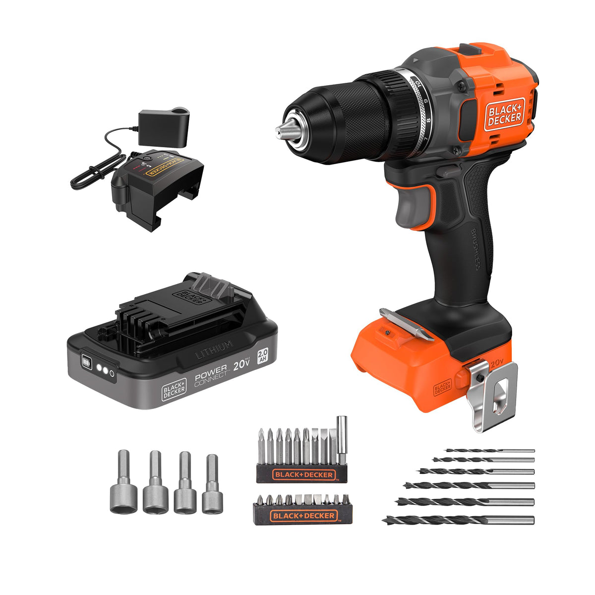 BLACK+DECKER 20V MAX Cordless Brushless 1/2-in. Drill Driver, 30 Pc. Drill Bit Set and Screwdriver Bit Set, 2Ah Battery and Charger Included (BLD782PK30D1)
