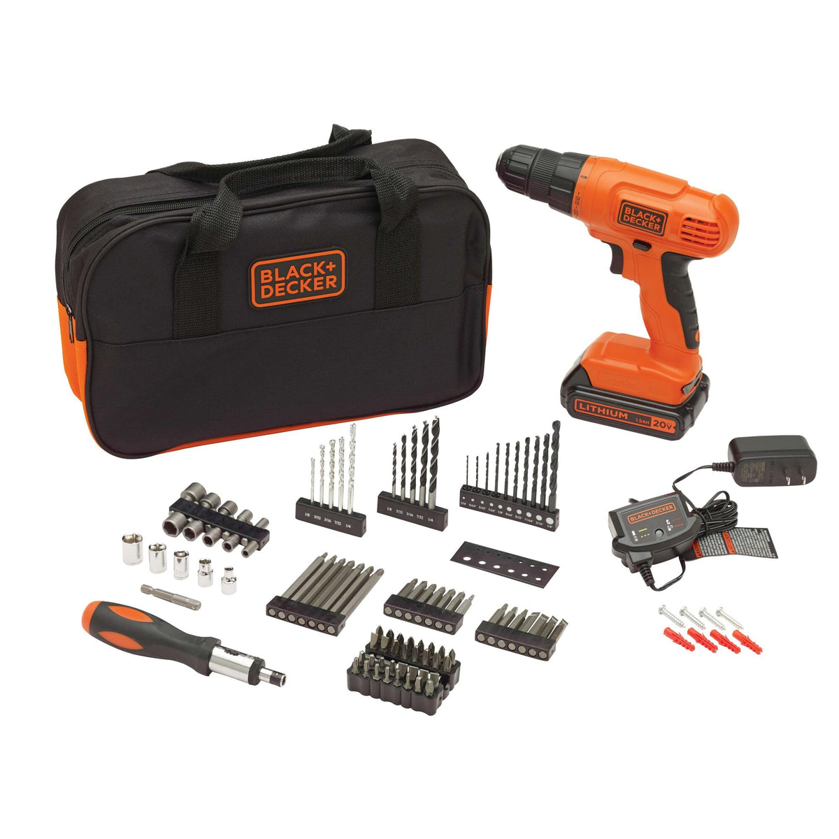 BLACK+DECKER 20V MAX POWERCONNECT Cordless Drill Driver Kit with Drill Bit Set and Sockets, 100 pc. Tool Kit (BDC120VA100)