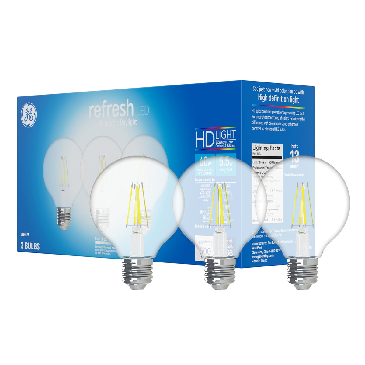 GE Refresh LED Light Bulbs, 60 Watt, Daylight, G25 Globe Bulbs, Clear, Medium Base 3 Count (1 Pack)