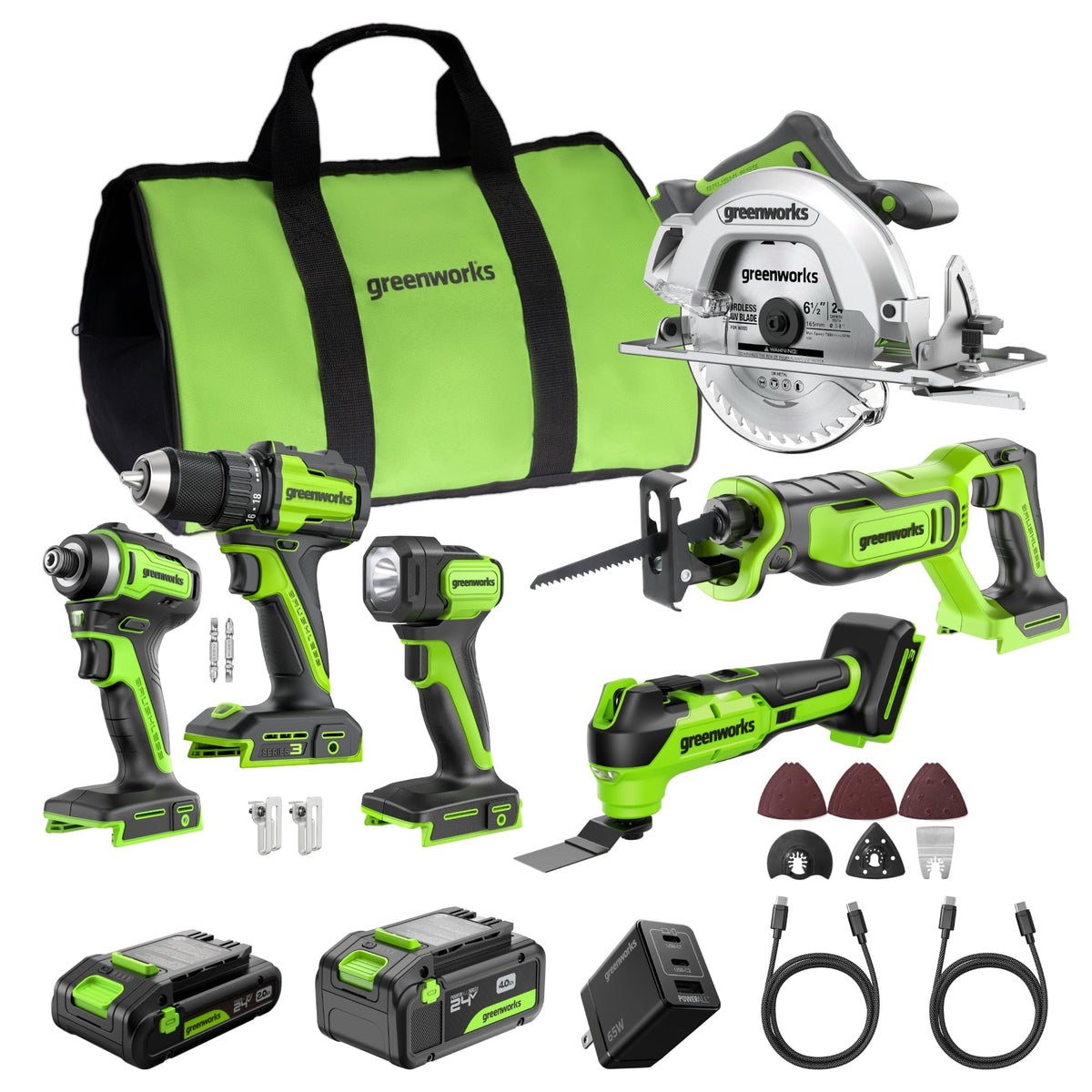 GREENWORKS 24V (6-Tool) Combo (Drill, Impact Driver, Circular Saw, Reciprocating Saw, Multi-Tool, Flashlight), 4.0Ah + 2.0Ah Batteries, 65W Rapid Charger