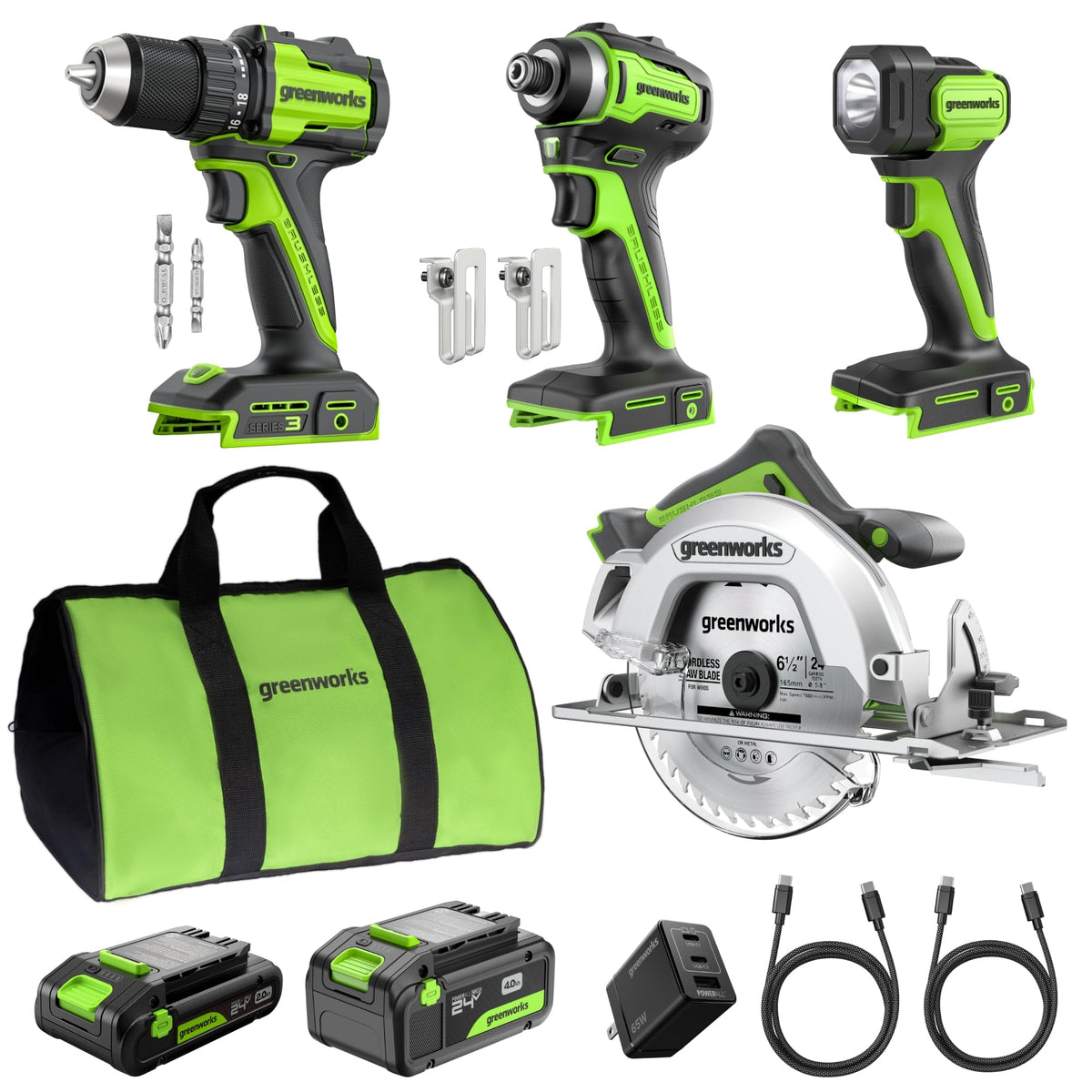 GREENWORKS 24V Combo (1/2in Drill + 1/4in Impact Driver + 6.5in Circular Saw + Flashlight), 4.0Ah + 2.0Ah Batteries, 65W Rapid Charger