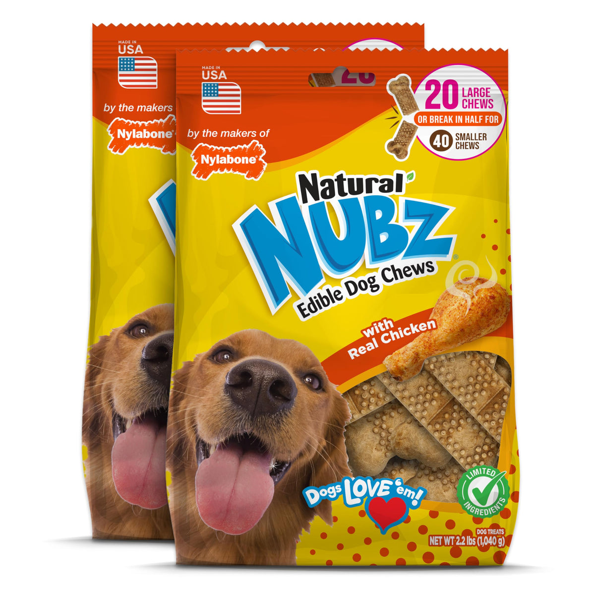 Nylabone Nubz Natural Chicken Flavor Edible Chew Treats for Dogs, Made in USA, Large (40 Count)