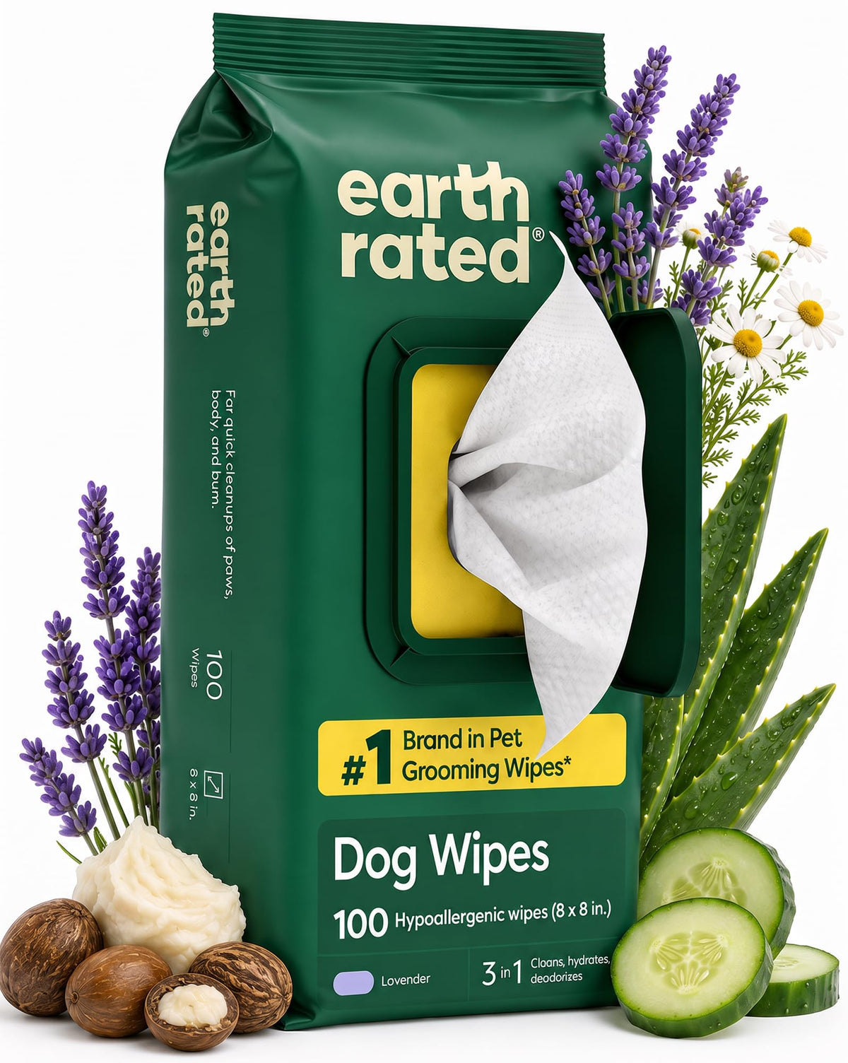 Earth Rated Dog Wipes for Paws & Butt, Deodorizing, Lavender, 100ct