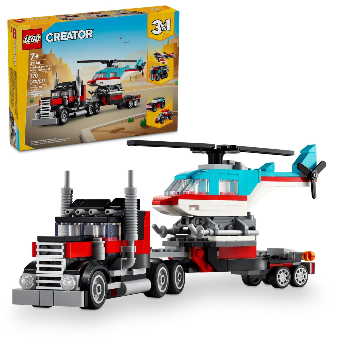 LEGO Creator 3 in 1 Flatbed Truck with Helicopter Toy, Transforms to Propeller Plane to Hot Rod