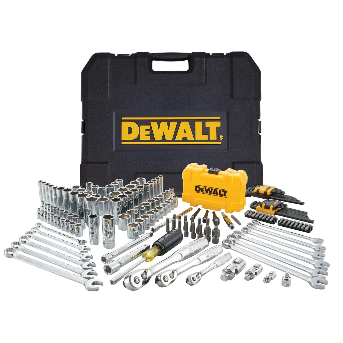 DEWALT Mechanic Tool Set with Case, Socket Set Metric and Standard, 1/4 and 3/8 Drive, Hex Keys and Specialty Tools