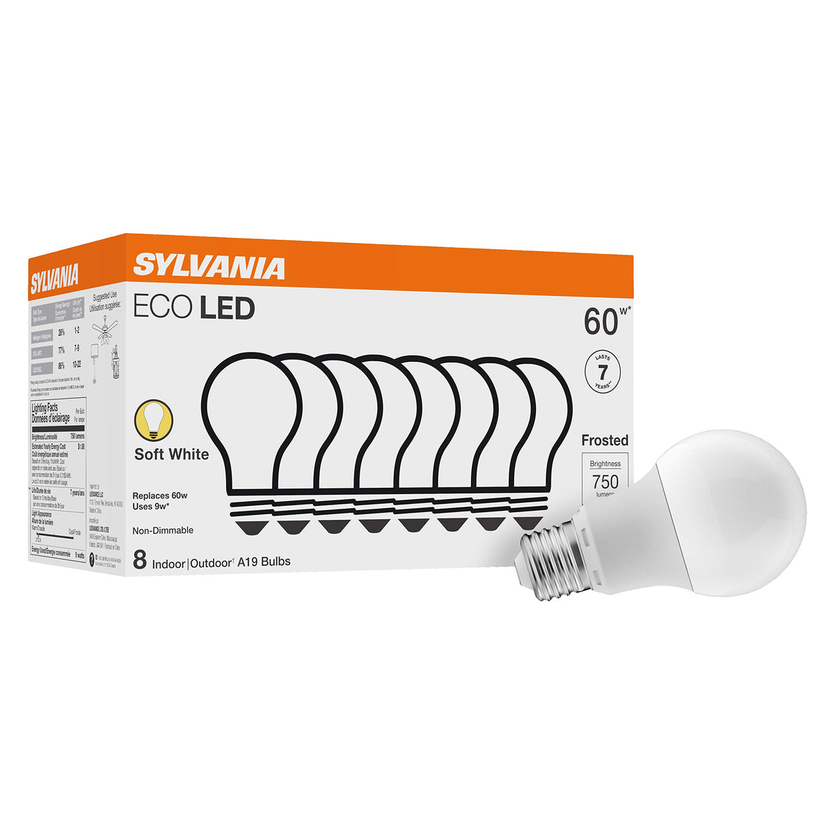 Sylvania ECO LED Light Bulb, A19 60W Equivalent, Efficient 9W, 750 Lumens, 2700K, Non-Dimmable, Frosted, Soft White - 8 Pack (40821)