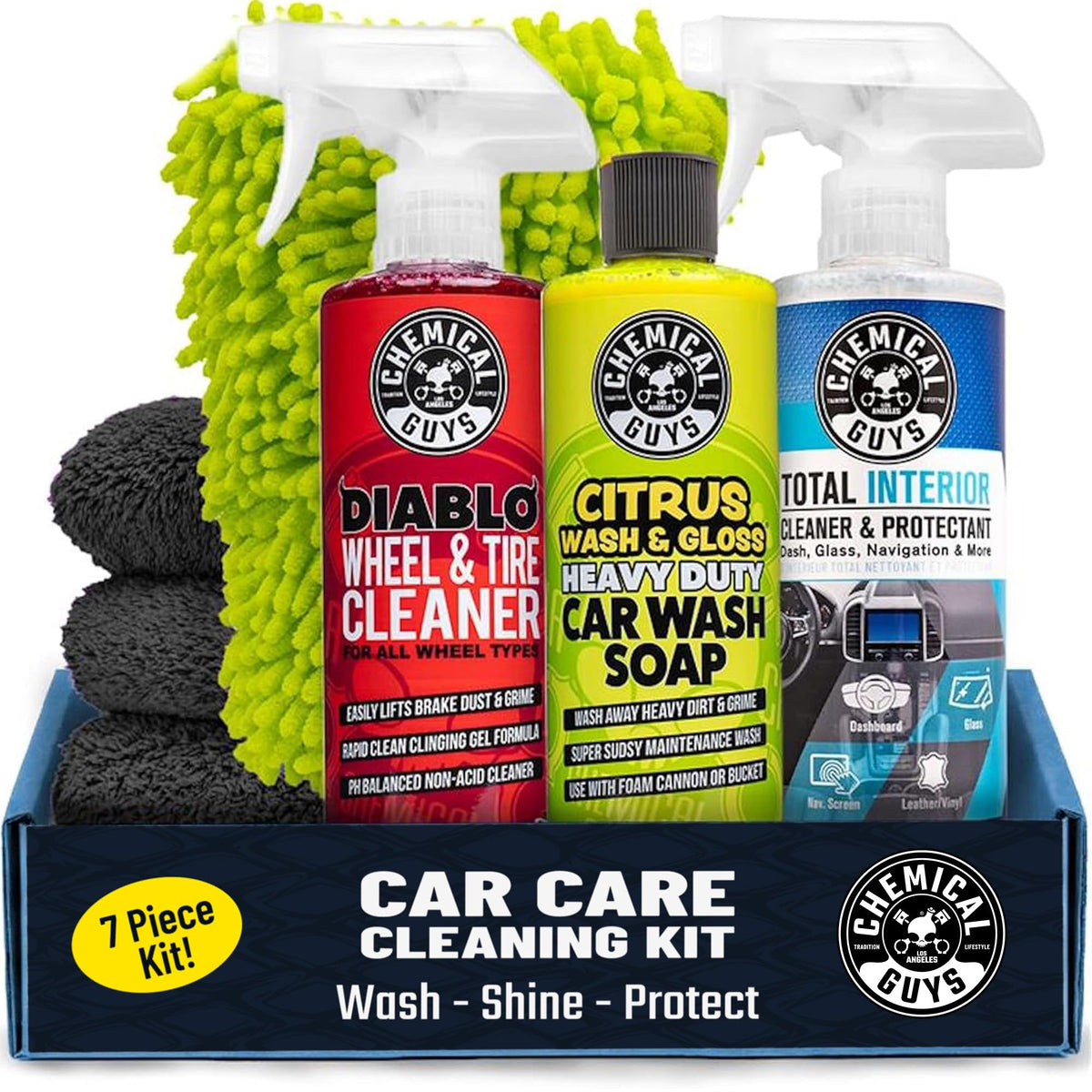 Chemical Guys 7-Piece Car Cleaning Kit, Wash, Wheel & Interior Cleaners