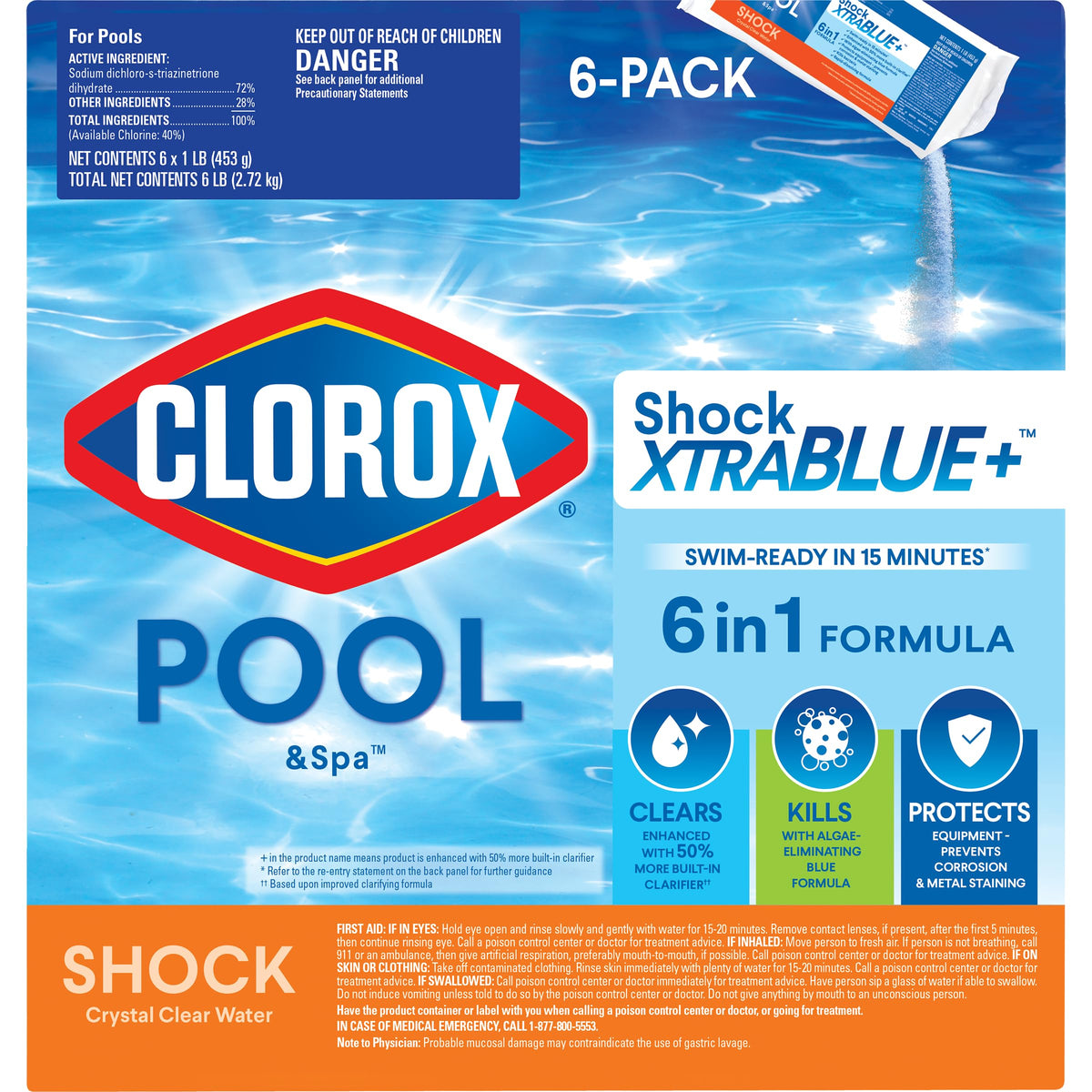 Clorox Pool&Spa Shock XTRABLUE Plus, Kills Bacteria & Algae in Swimming Pools, Swim-Ready in 15 Minutes, (12-Pack), Granular