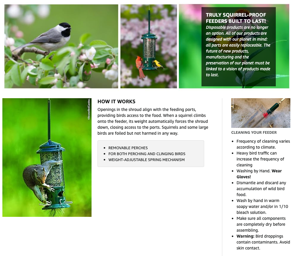 Squirrel Buster Standard Squirrel-proof Bird Feeder w/4 Metal Perches, 1.3-pound Seed Capacity, Garden Green