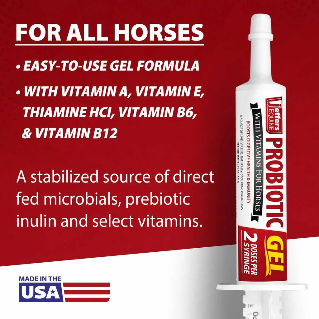 Jeffers Equine Probiotic Oral Gel for Horses, 30 cc Syringe – Supports Healthy Gut, Natural Appetite & Digestion, Horse Supplement w/Prebiotics, Live Microbials (30M CFU), Vitamins A B E, USA Made
